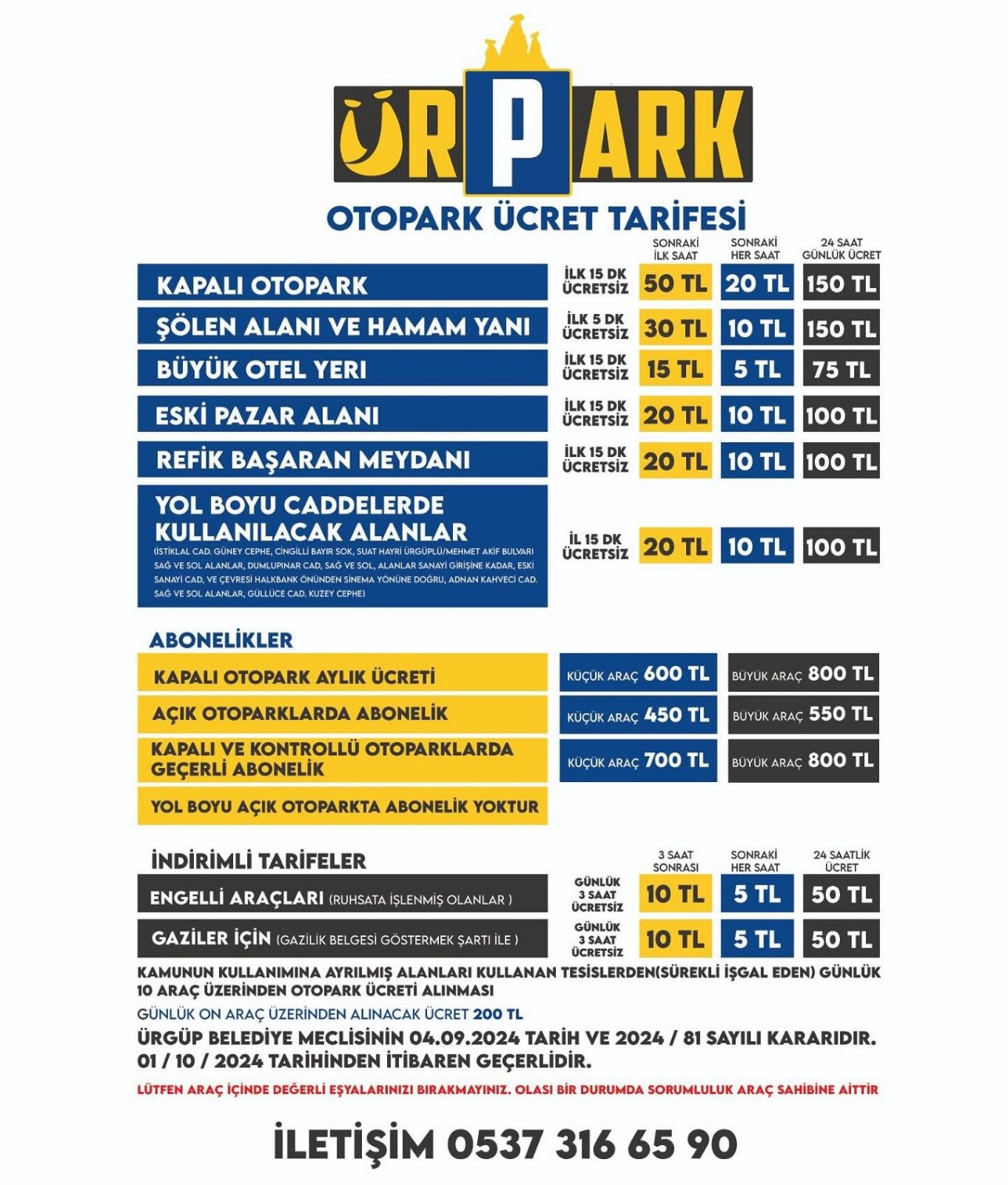 &Uuml;rg&uuml;p Belediyesi&rsquo;nin a&ccedil;ık, kapalı ve kontroll&uuml; otopark alanlarında uygulamaya başladığı yeni sistem otopark &uuml;cretleri!
