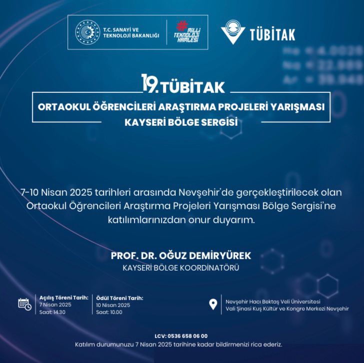 19. T&Uuml;BİTAK Ortaokul &Ouml;ğrencileri Araştırma Projeleri Yarışmaları B&ouml;lge Sergisi Nevşehir'de Ger&ccedil;ekleşiyor