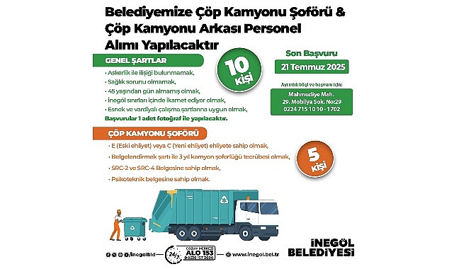 İneg&ouml;l Belediyesi 15 Personel Alacak