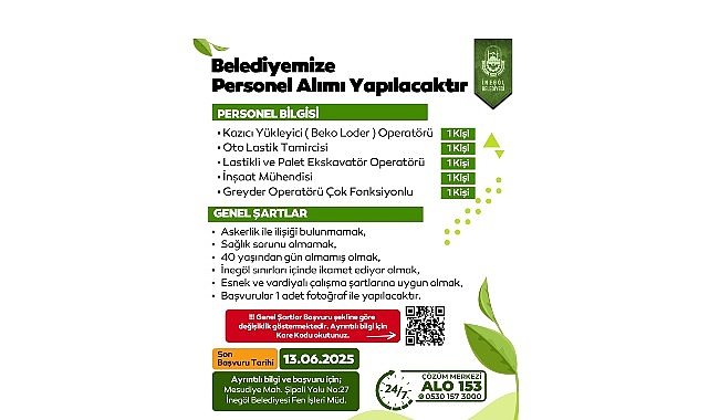 İneg&ouml;l Belediyesi 5 Farklı Alanda Personel Alımı Yapacak